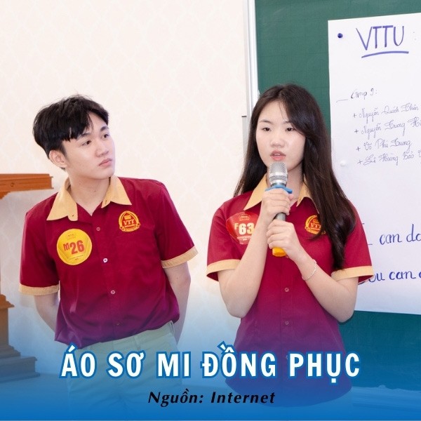 Mẫu áo sơ mi đồng phục đỏ với phối màu vàng độc đáo của VTTU