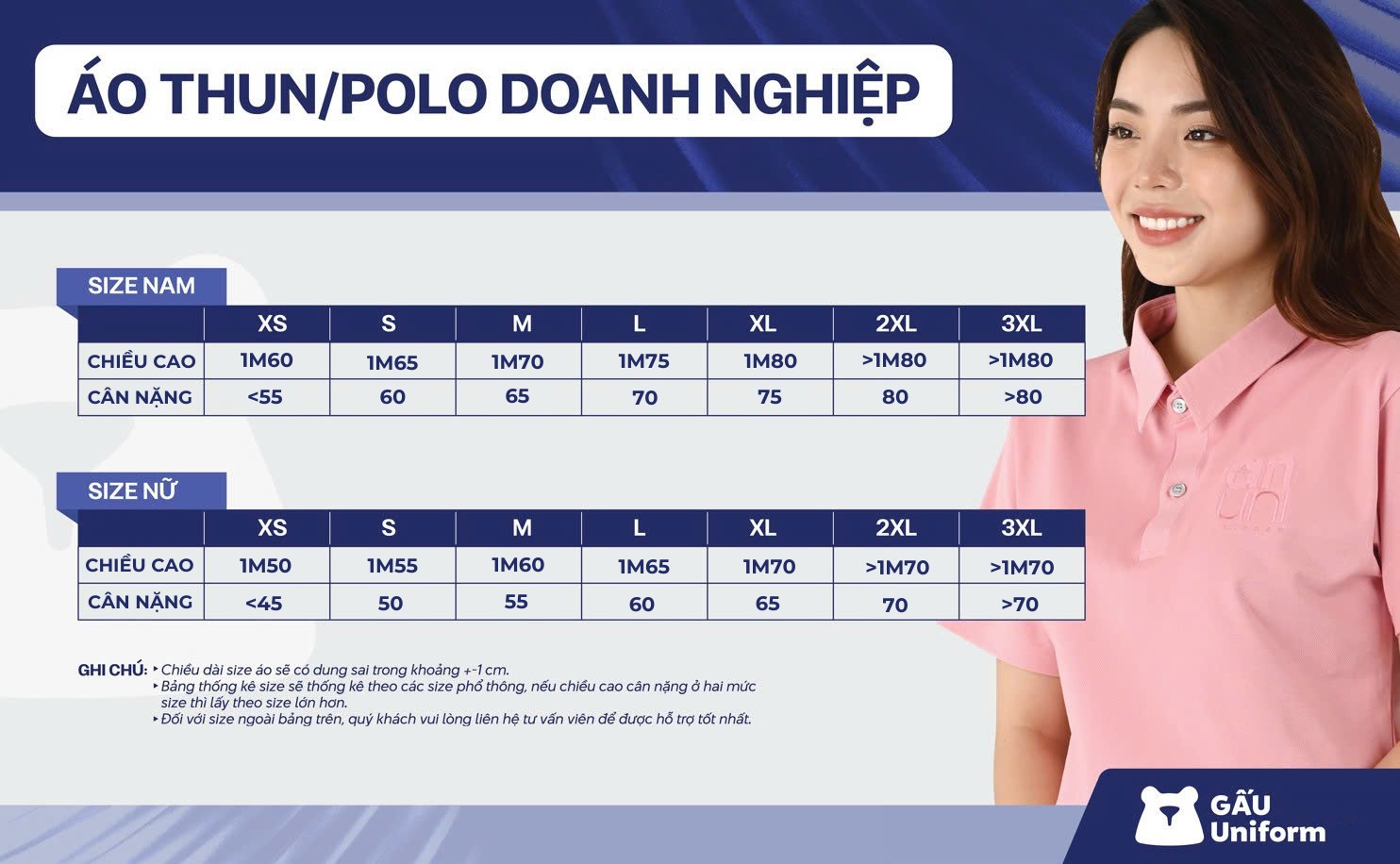 Bảng size tham khảo của GẤU Uniform dành cho mẫu áo thun và áo polo đồng phục MB Bank