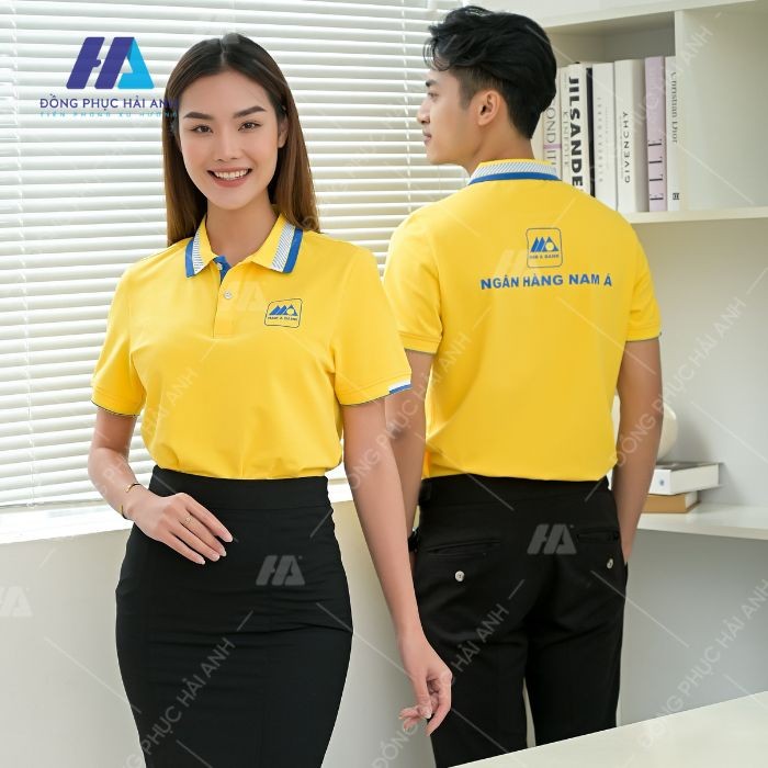 Mẫu áo polo đồng phục ngân hàng Nam Á Bank với sắc vàng đặc trưng