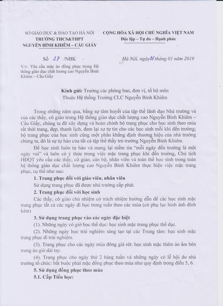 Đồng phục cán bộ giáo viên, nhân viên nhà trường Nguyễn Bỉnh Khiêm - Cầu Giấy