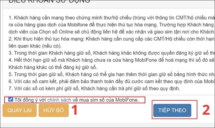 Chọn đồng ý các chính sách và nhấn tiếp theo