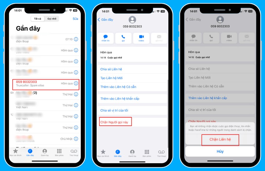 Hình ảnh minh họa các bước chặn số điện thoại trên điện thoại iOS