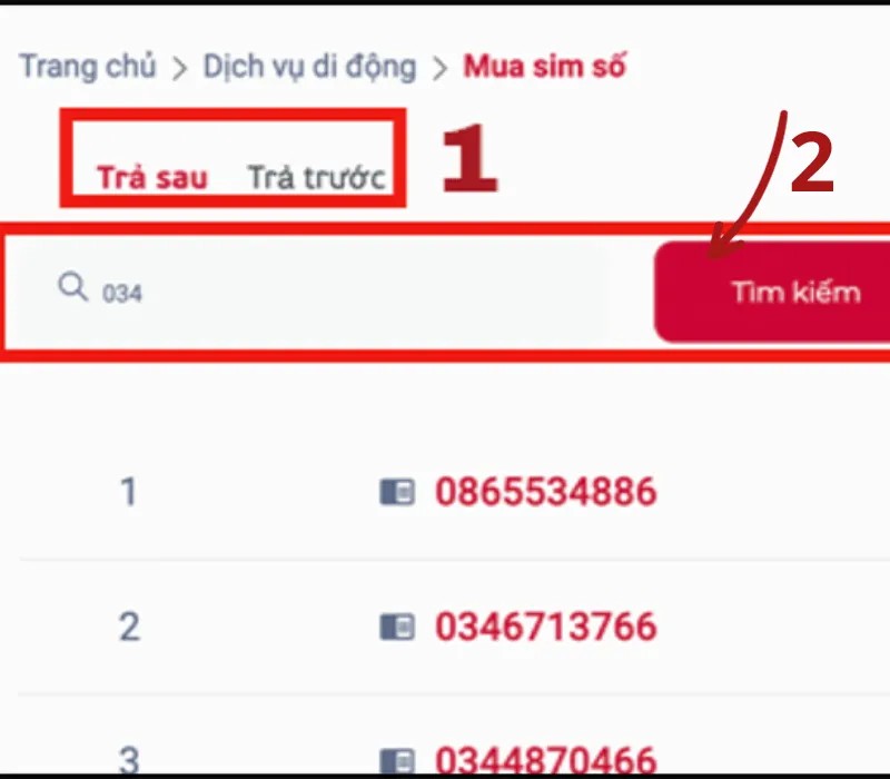 Nhập đầu số 034 tại thanh công cụ tìm kiếm của Viettel