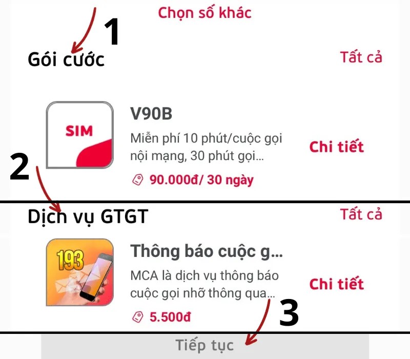 Giao diện lựa chọn gói cước cho SIM 034
