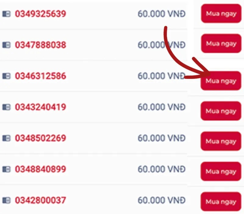 Chọn số thuê bao 034 và nhấn Mua ngay